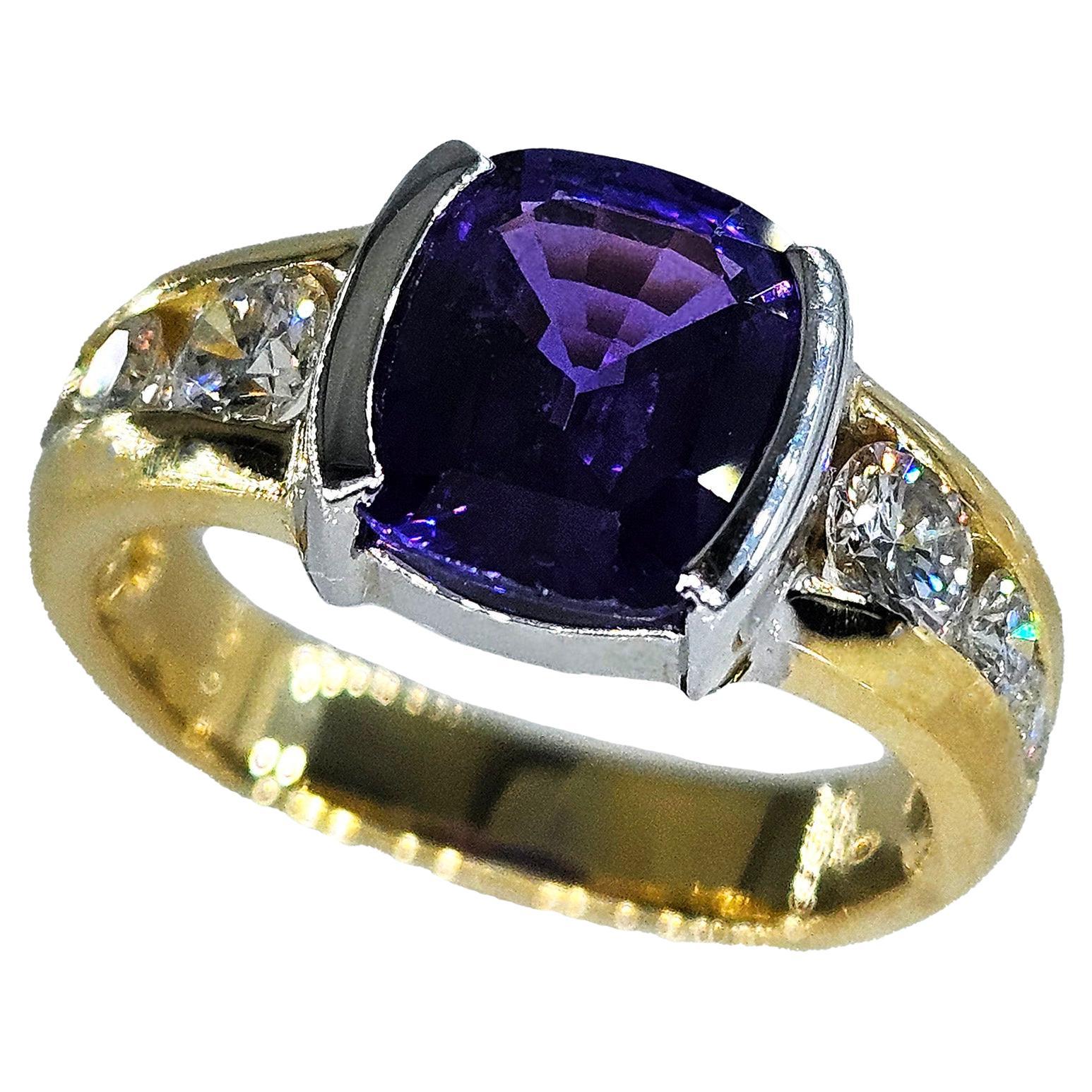 Vintage GIA & GRS 3.04ctw Natural PURPLE Unheated Ceylon Cushion Sapphire Diamond Platinum 18K Ring
Estate Hand-forged custom designed Natural Gorgeous true Purple Ceylon Sapphire & Diamond Platinum 18K Gold Ring by Kerry Lee.*
A unique, custom