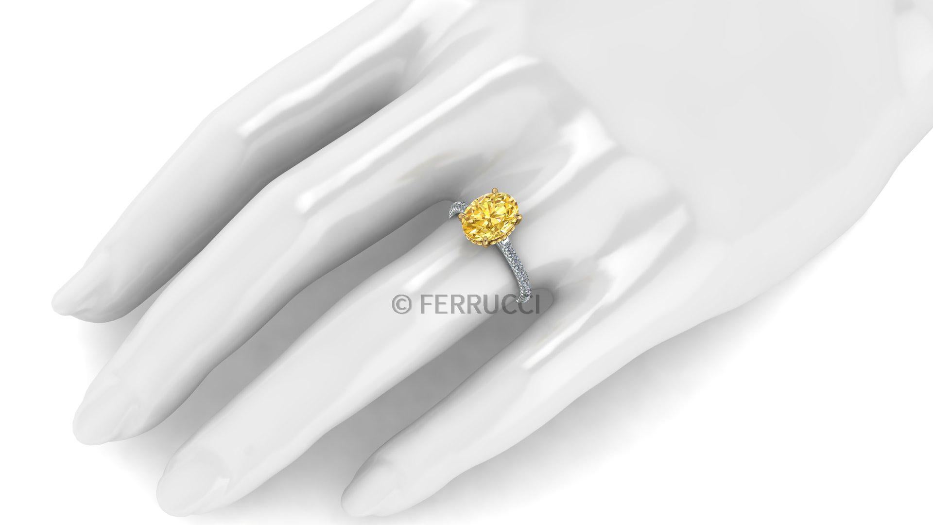 Oval Cut GIA 3.02 Carat Oval Vivid Yellow Diamond White Diamonds Pave' Gold and Platinum For Sale