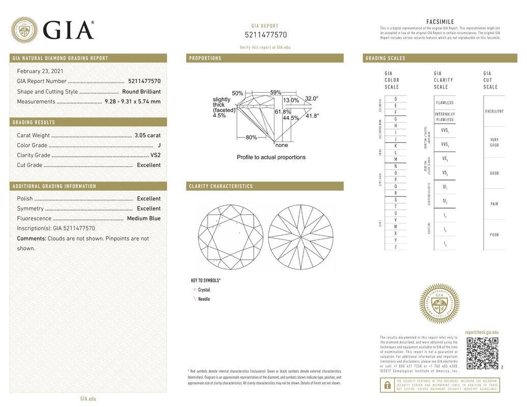 Contemporary GIA 3.05 Carat Round Modern Cathedral Solitaire 18K White Gold Diamond Ring For Sale