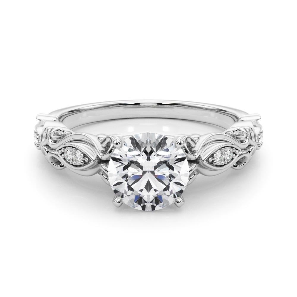Women's GIA 3.05 Carat Round Vintage Scrolling Ribbon 18K White Gold Diamond Ring For Sale