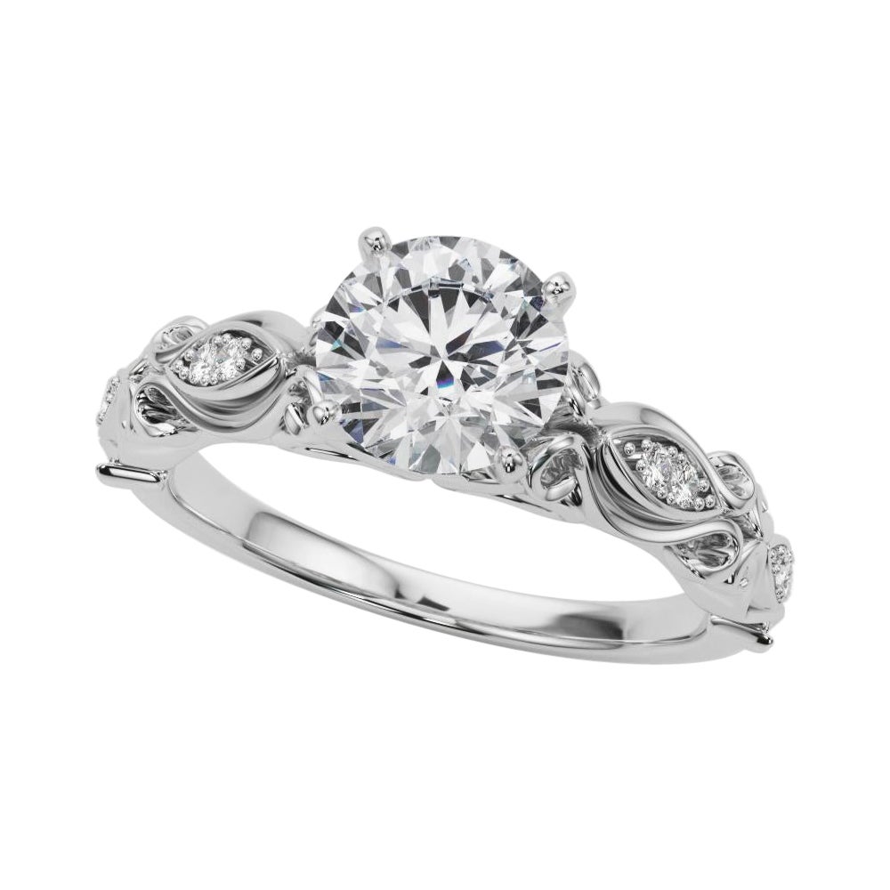 GIA 3.05 Carat Round Vintage Scrolling Ribbon 18K White Gold Diamond Ring For Sale