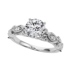 GIA 3.05 Carat Round Vintage Scrolling Ribbon 18K White Gold Diamond Ring