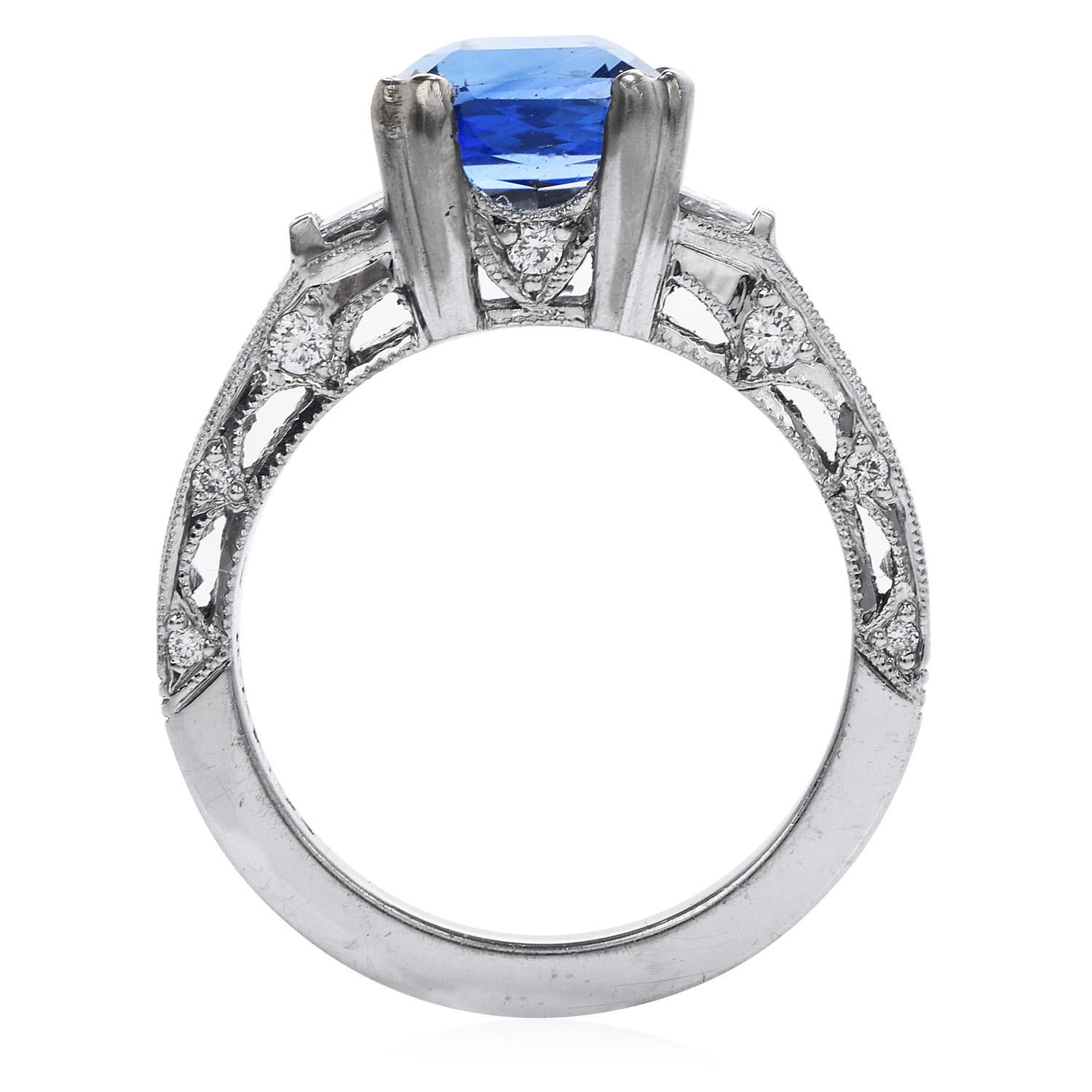 Emerald Cut GIA 3.06 Carat Ceylon Sapphire Diamond 18k Gold Engagement Ring