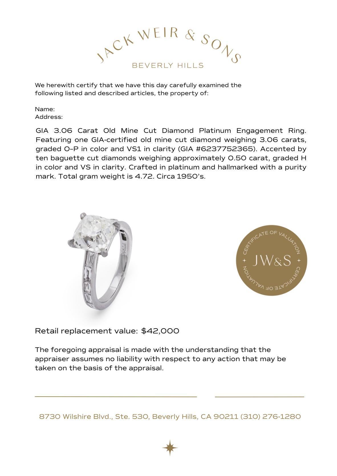 GIA Bague de fiançailles en platine avec diamant taille ancienne de 3.06 carats en vente 3