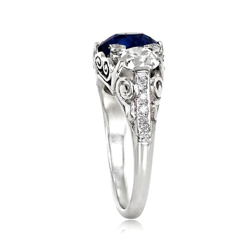 Art Deco GIA 3.06 Carat Cushion-Cut Sapphire Ring, H Color Diamond, Platinum For Sale