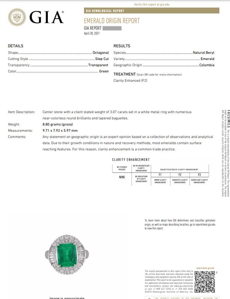 Octagon Cut GIA 3.07 Carat Colombian Emerald & Diamond Ballerina Ring in Platinum For Sale