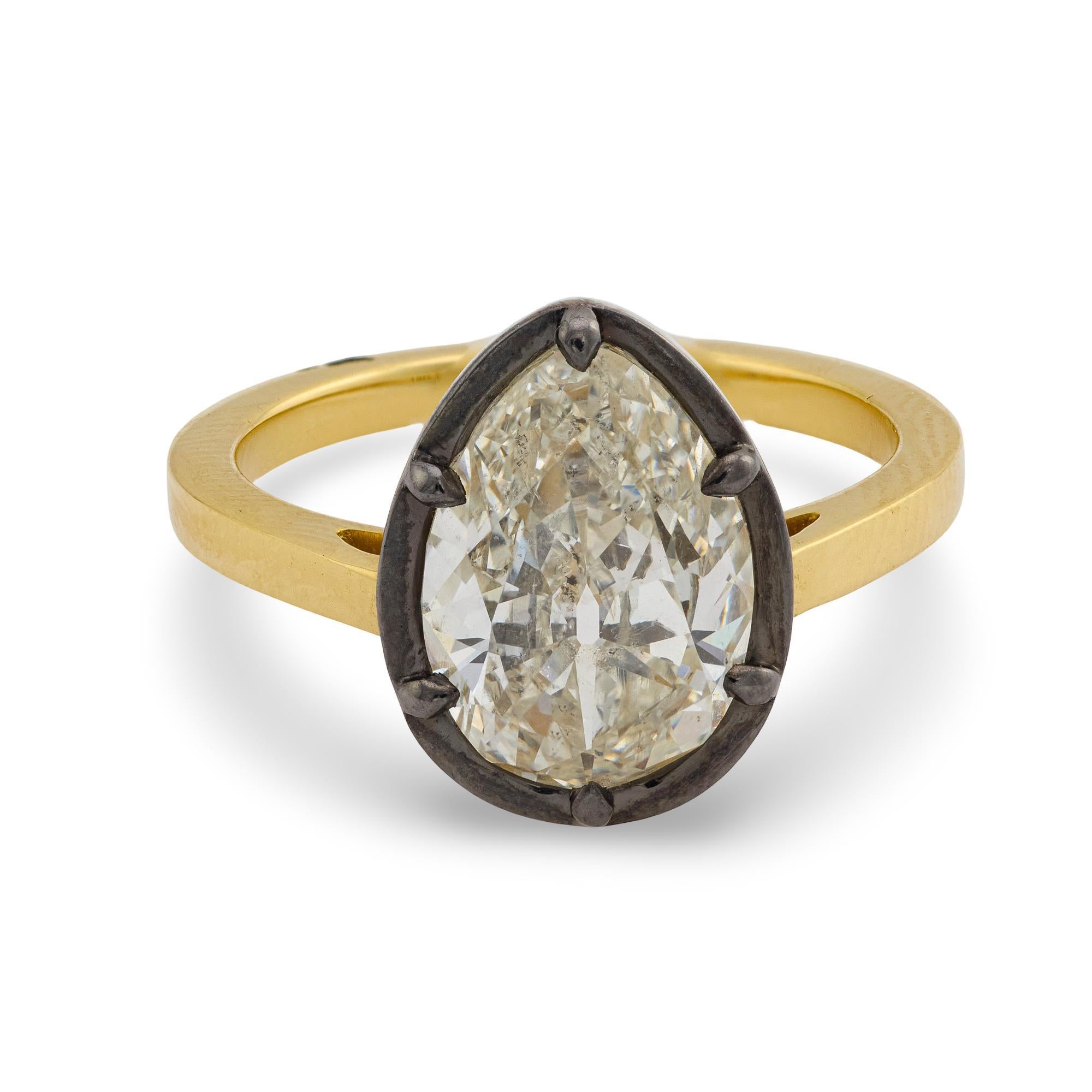 GIA 3,07 Karat Diamant im Birnenschliff 18k Gelbgold Platin Verlobungsring im Angebot 1
