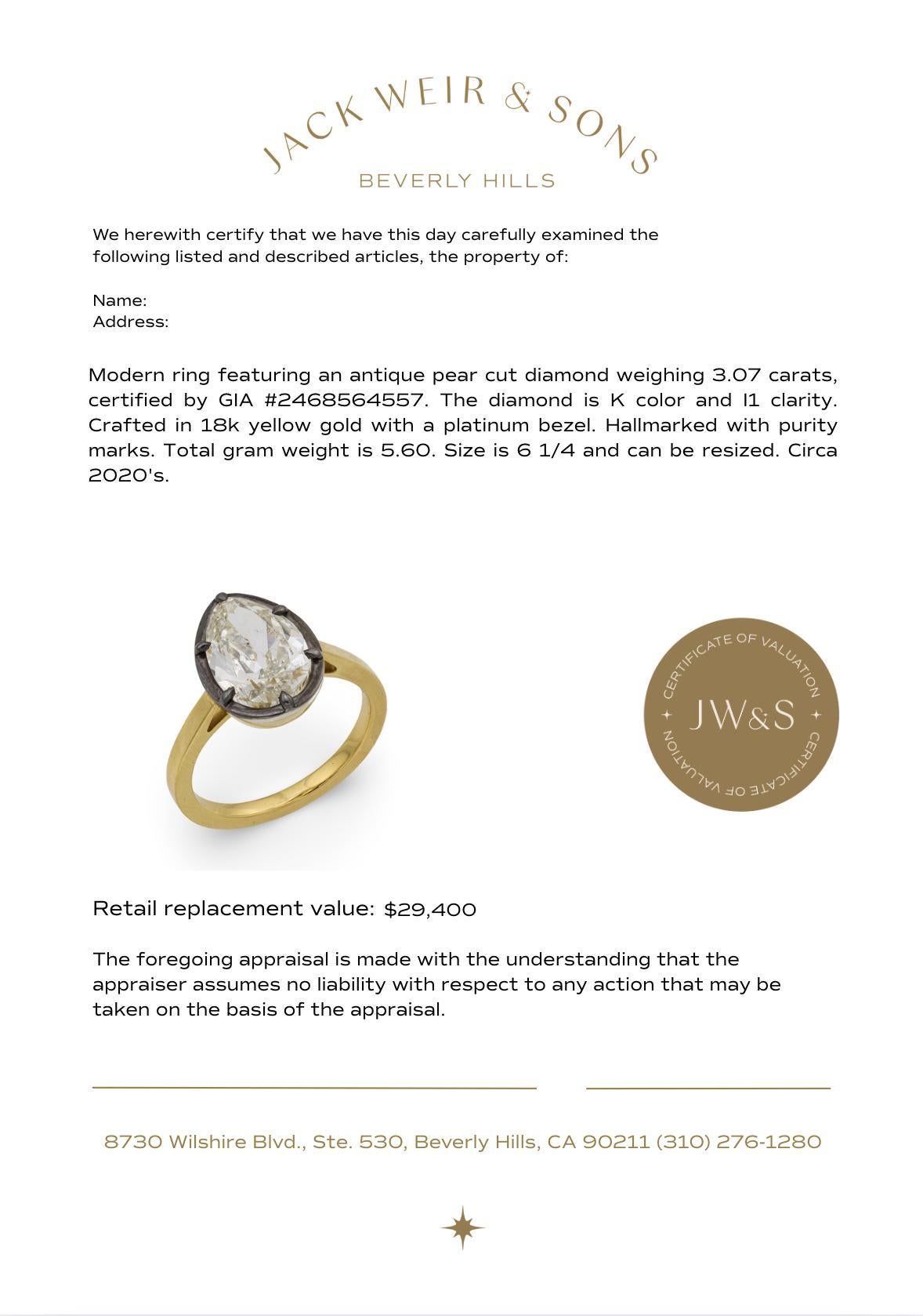 GIA 3,07 Karat Diamant im Birnenschliff 18k Gelbgold Platin Verlobungsring im Angebot 2