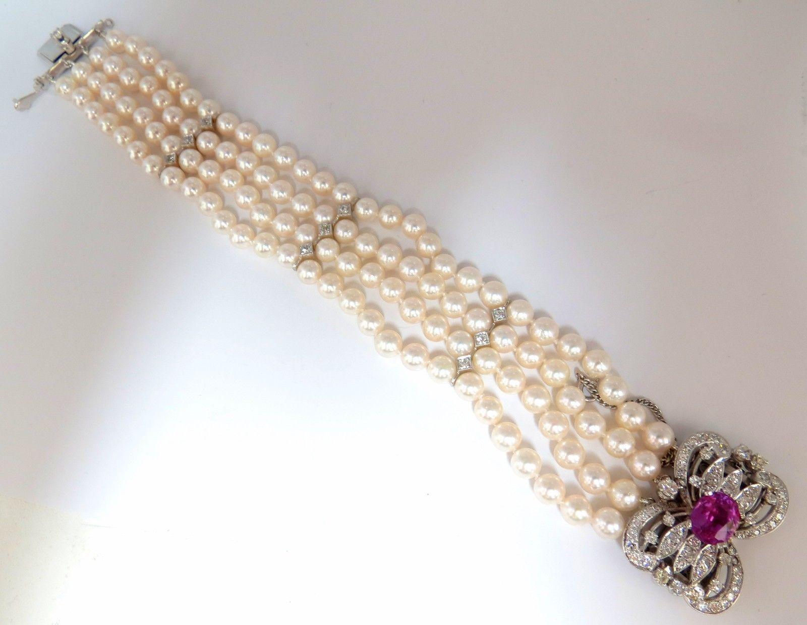 GIA 3.07CT No Heat Pink Sapphire 1.50ct Diamond Akoya Pearl Bracelet 14K 1