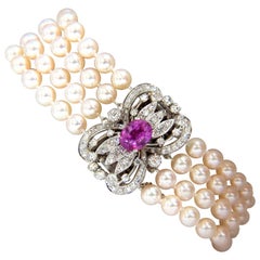 GIA 3.07CT No Heat Pink Sapphire 1.50ct Diamond Akoya Pearl Bracelet 14K