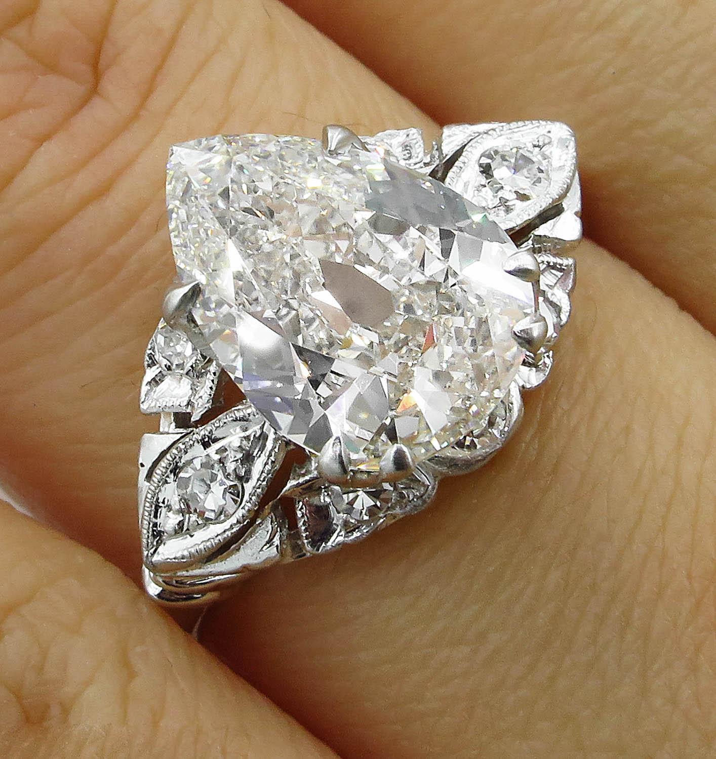 GIA 3.08 Carat Antique Vintage Old Mine Pear Diamond Wedding Platinum Ring 4