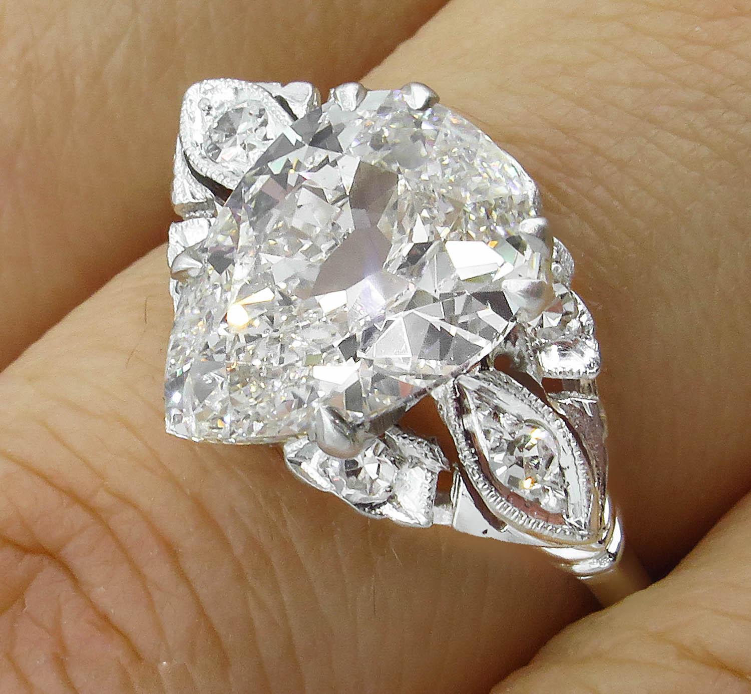 GIA 3.08 Carat Antique Vintage Old Mine Pear Diamond Wedding Platinum Ring 5