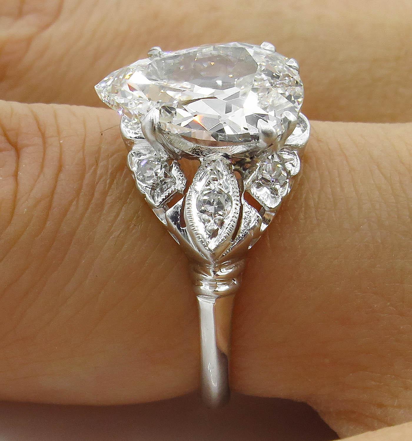 GIA 3.08 Carat Antique Vintage Old Mine Pear Diamond Wedding Platinum Ring 6