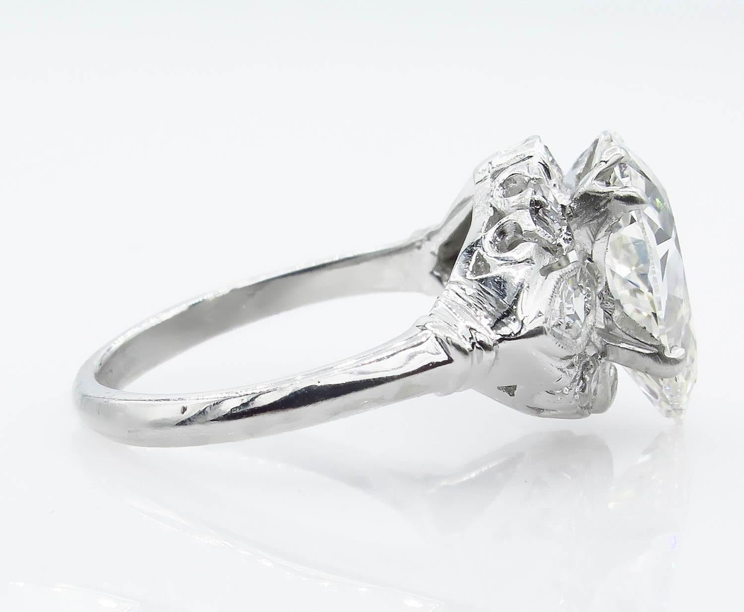 GIA 3.08 Carat Antique Vintage Old Mine Pear Diamond Wedding Platinum Ring In Good Condition In New York, NY
