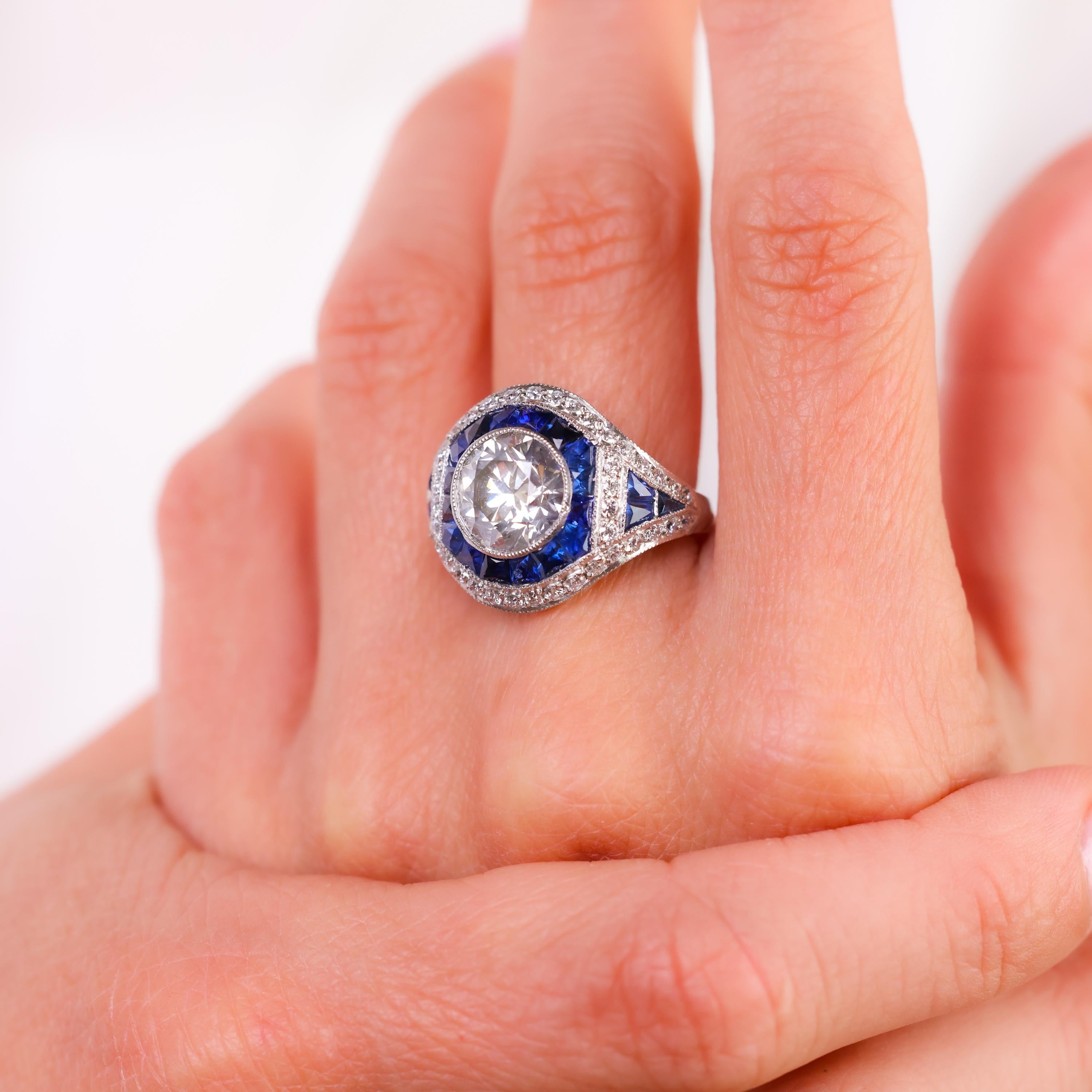 Platin-Cocktailring, GIA 3,08 Karat Diamant, Saphir und Platin (Brillantschliff)