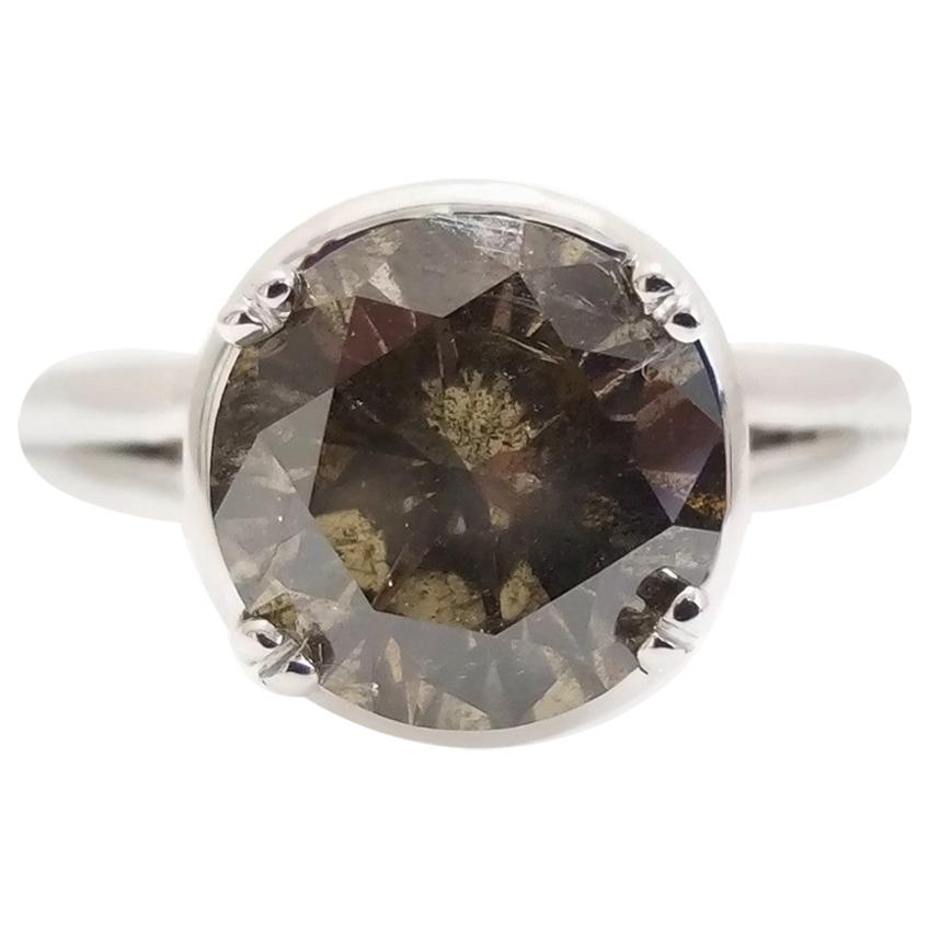 GIA 3.08 Carat Fancy Dark Yellow Natural Round Diamond Ring 14 Karat White Gold For Sale