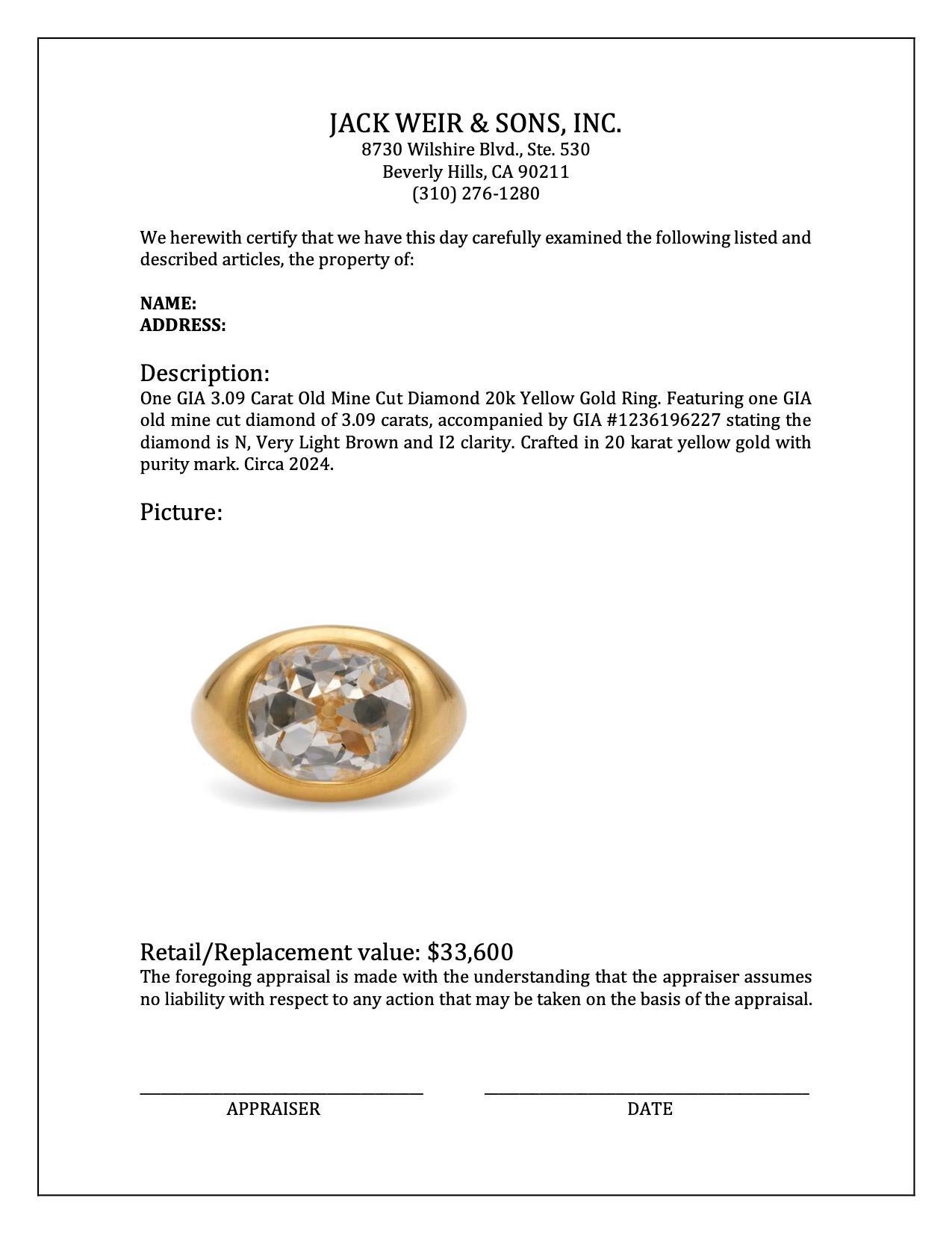 Bague en or jaune 20k GIA 3.09 Carat Old Mine Cut Diamond en vente 2