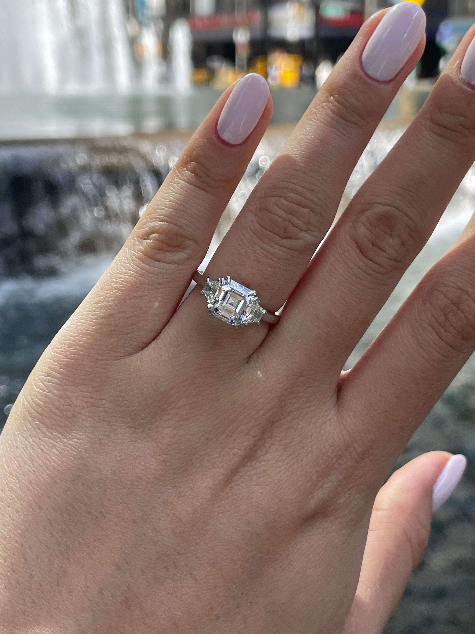 GIA 3.09ct Asscher Cut Diamond 3 Stone Engagement Wedding Platinum Ring 2