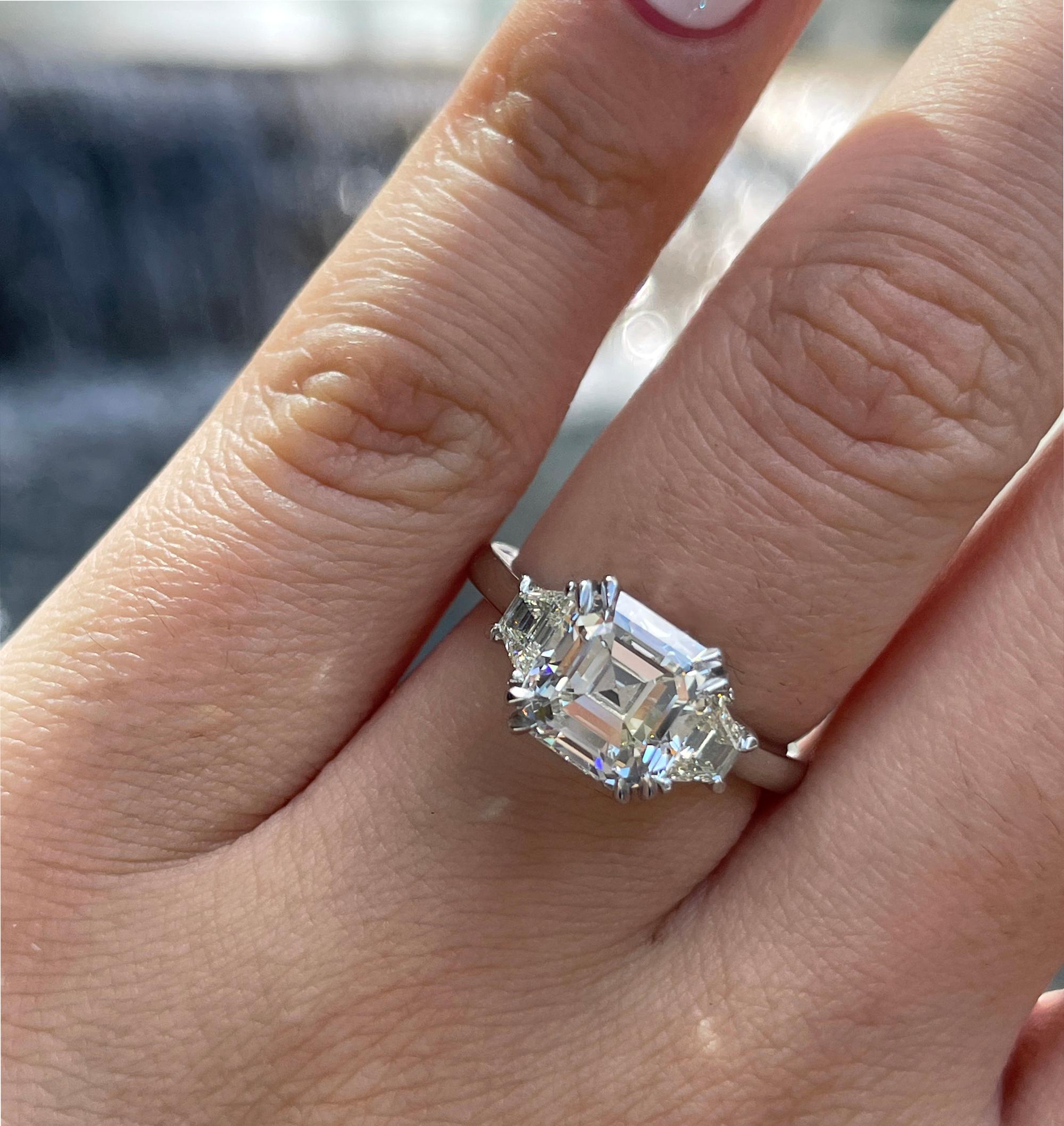 GIA 3.09ct Asscher Cut Diamond 3 Stone Engagement Wedding Platinum Ring 3