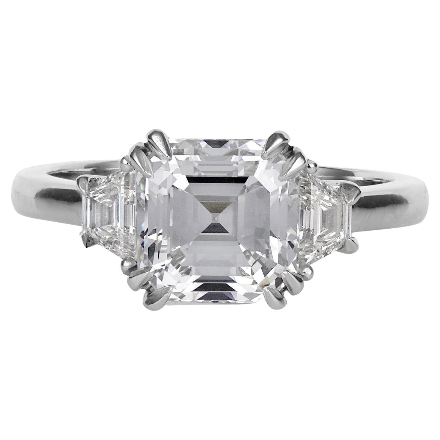 GIA 3.09ct Asscher Cut Diamond 3 Stone Engagement Wedding Platinum Ring