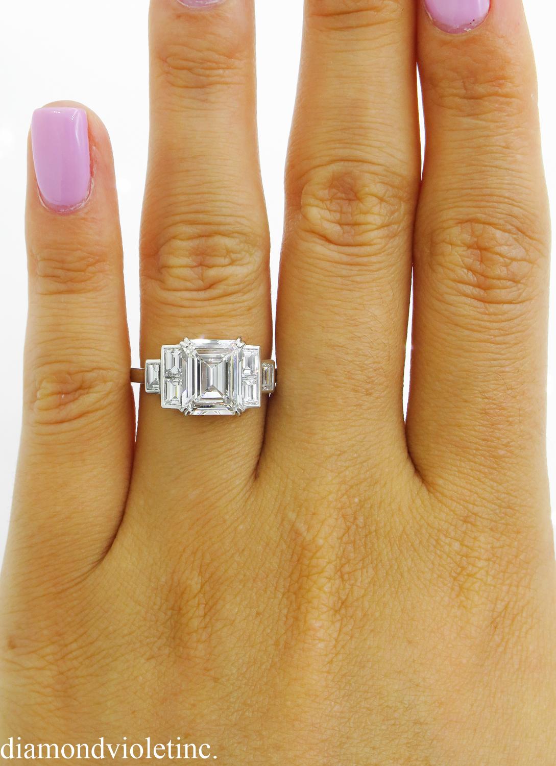 GIA 3.09 Carat Emerald cut Diamond Engagement Wedding Platinum Ring 5