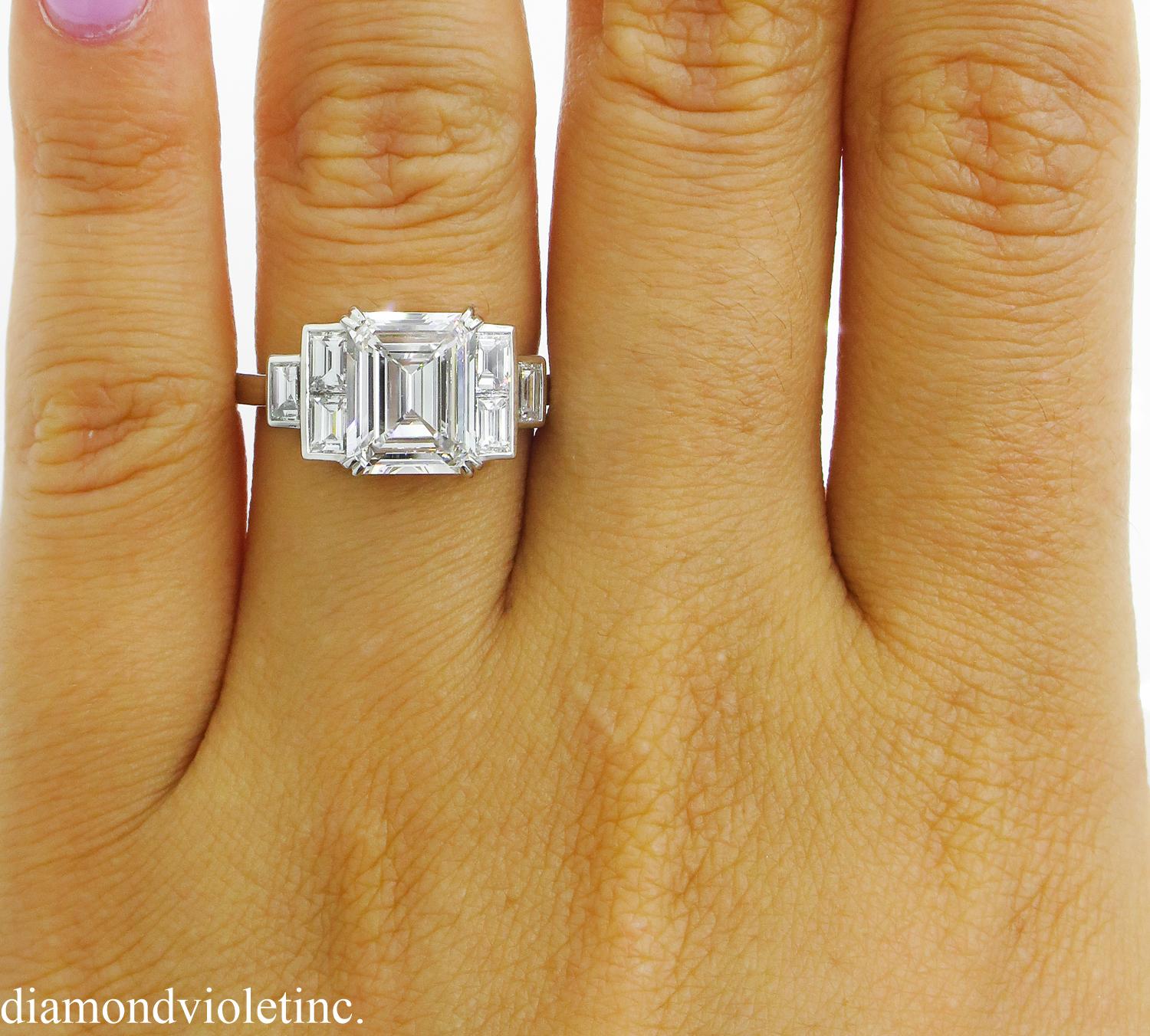 GIA 3.09 Carat Emerald cut Diamond Engagement Wedding Platinum Ring 7