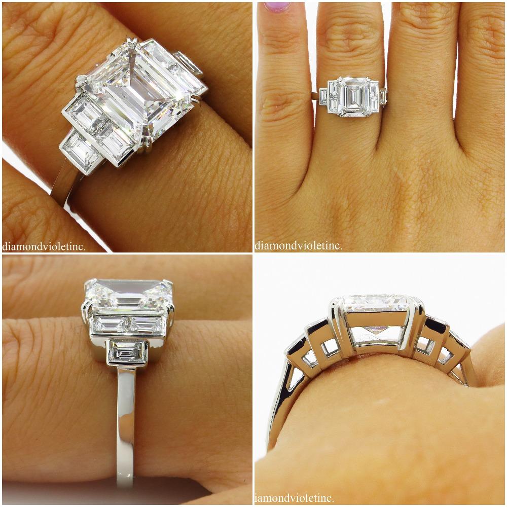 GIA 3.09 Carat Emerald cut Diamond Engagement Wedding Platinum Ring 8