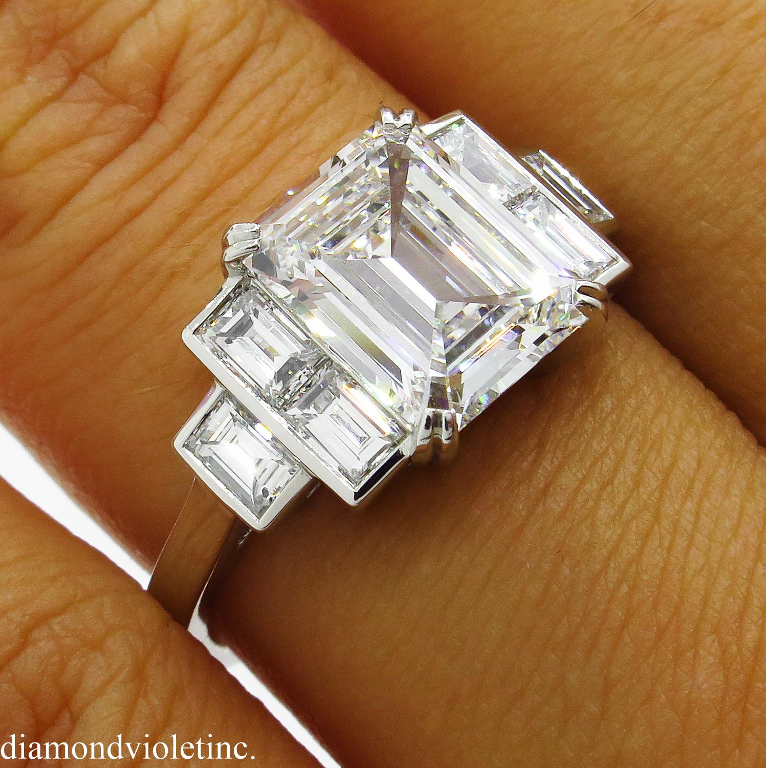GIA 3.09 Carat Emerald cut Diamond Engagement Wedding Platinum Ring 9