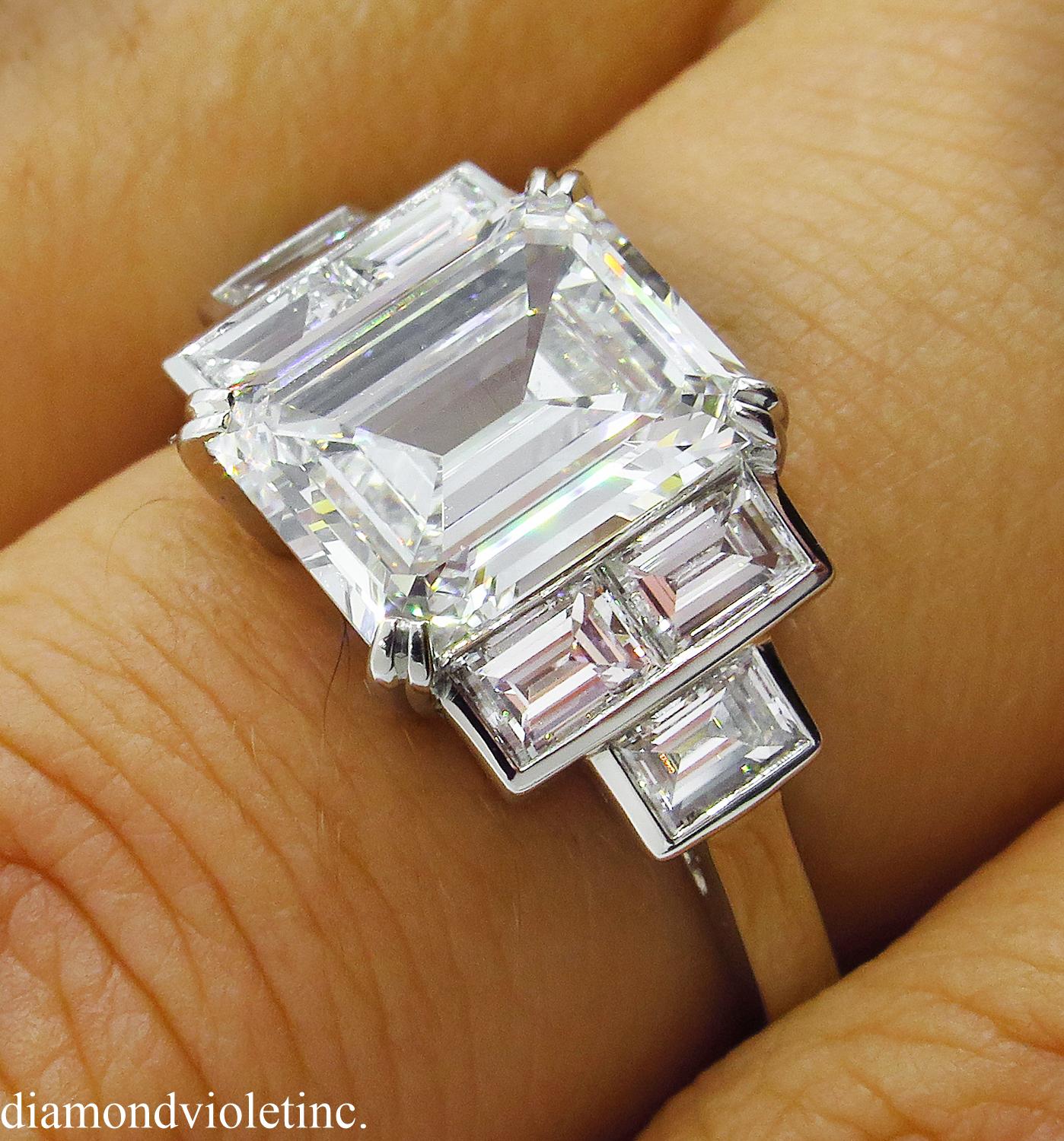 GIA 3.09 Carat Emerald cut Diamond Engagement Wedding Platinum Ring 10