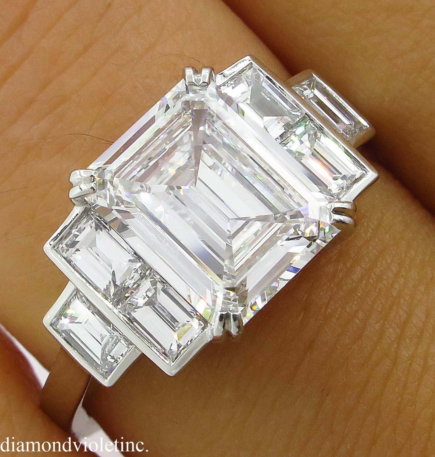 GIA 3.09 Carat Emerald cut Diamond Engagement Wedding Platinum Ring 12