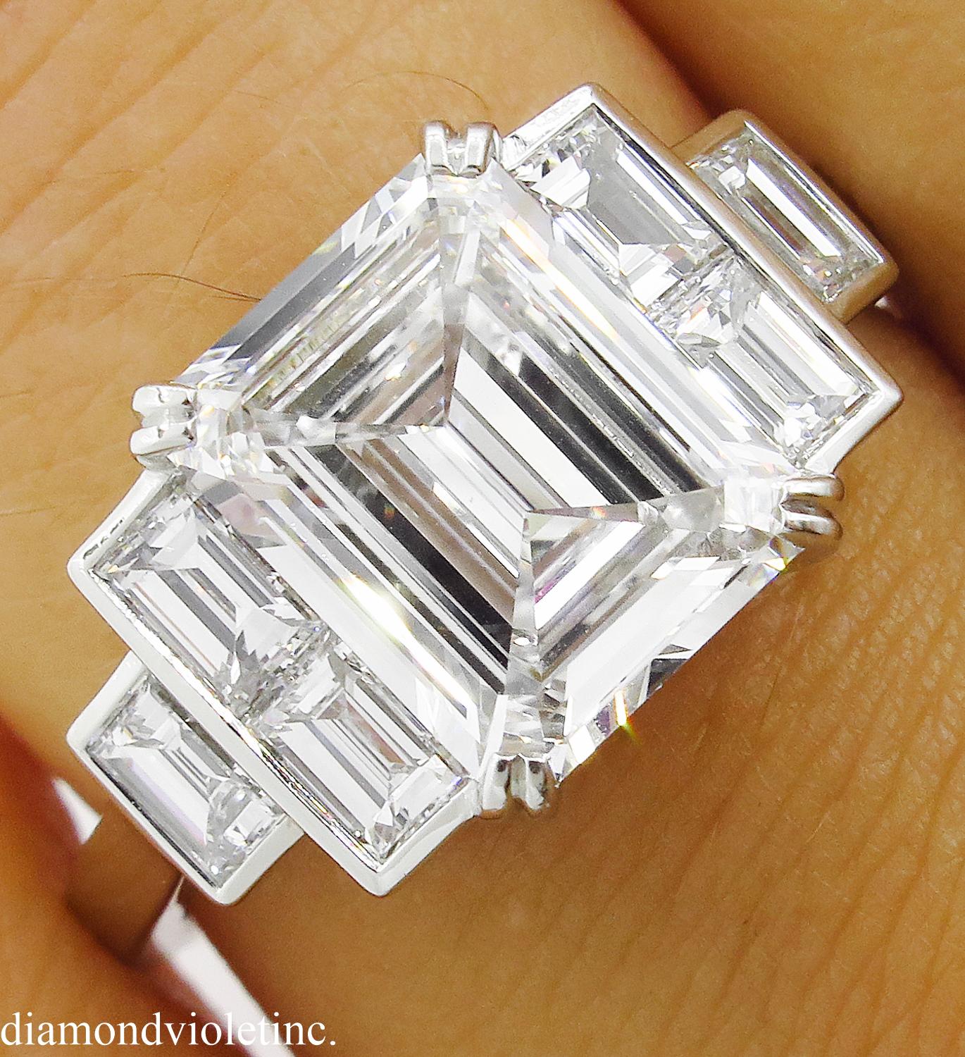 GIA 3.09 Carat Emerald cut Diamond Engagement Wedding Platinum Ring 4