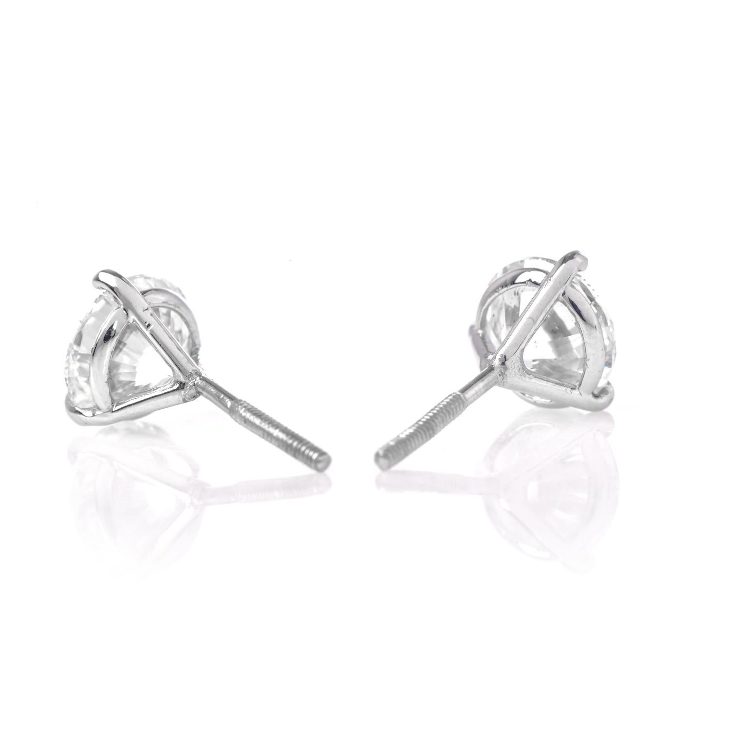 Natural Brilliant Round Cut Diamonds prong set in 14K white gold stud earrings 1.50 carat each.

Secured with Screw Backs for Pierced Ears.

Metal: 14K White Gold

GIA REPORT 6234021515

Shape: Brilliant Round

Carat Weight: 1.50 carat

Clarity and
