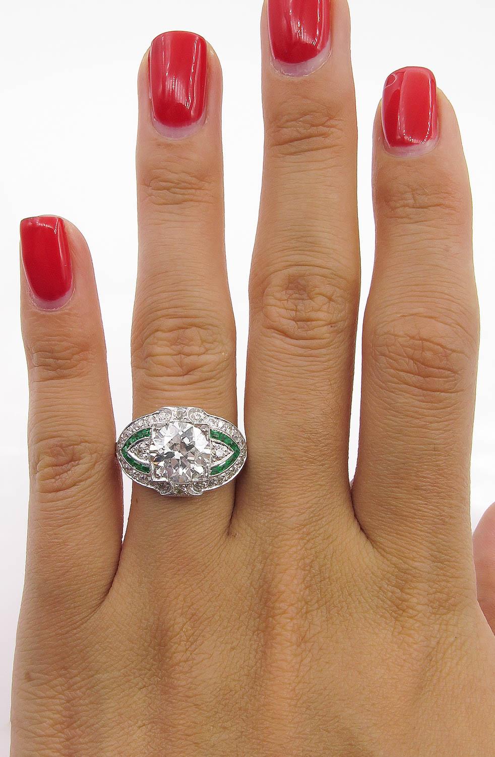 GIA 3.10 Carat Old European Diamond Green Emerald Wedding Platinum Ring 3