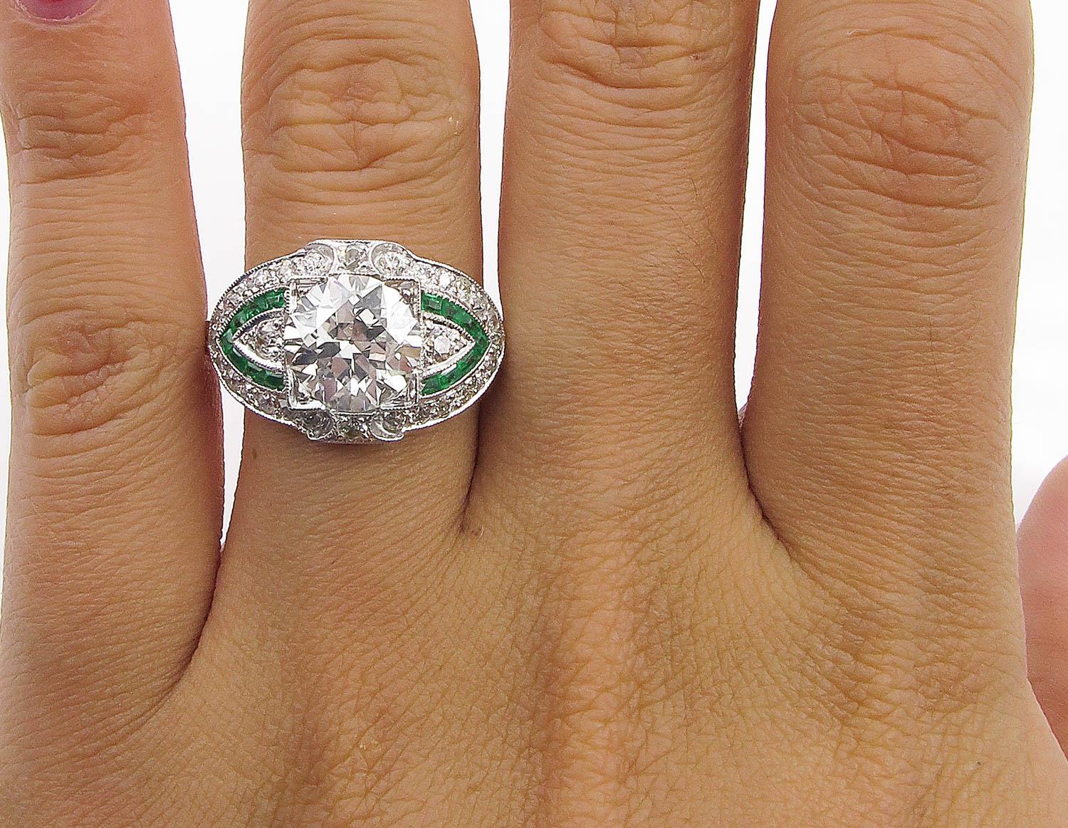 GIA 3.10 Carat Old European Diamond Green Emerald Wedding Platinum Ring 4