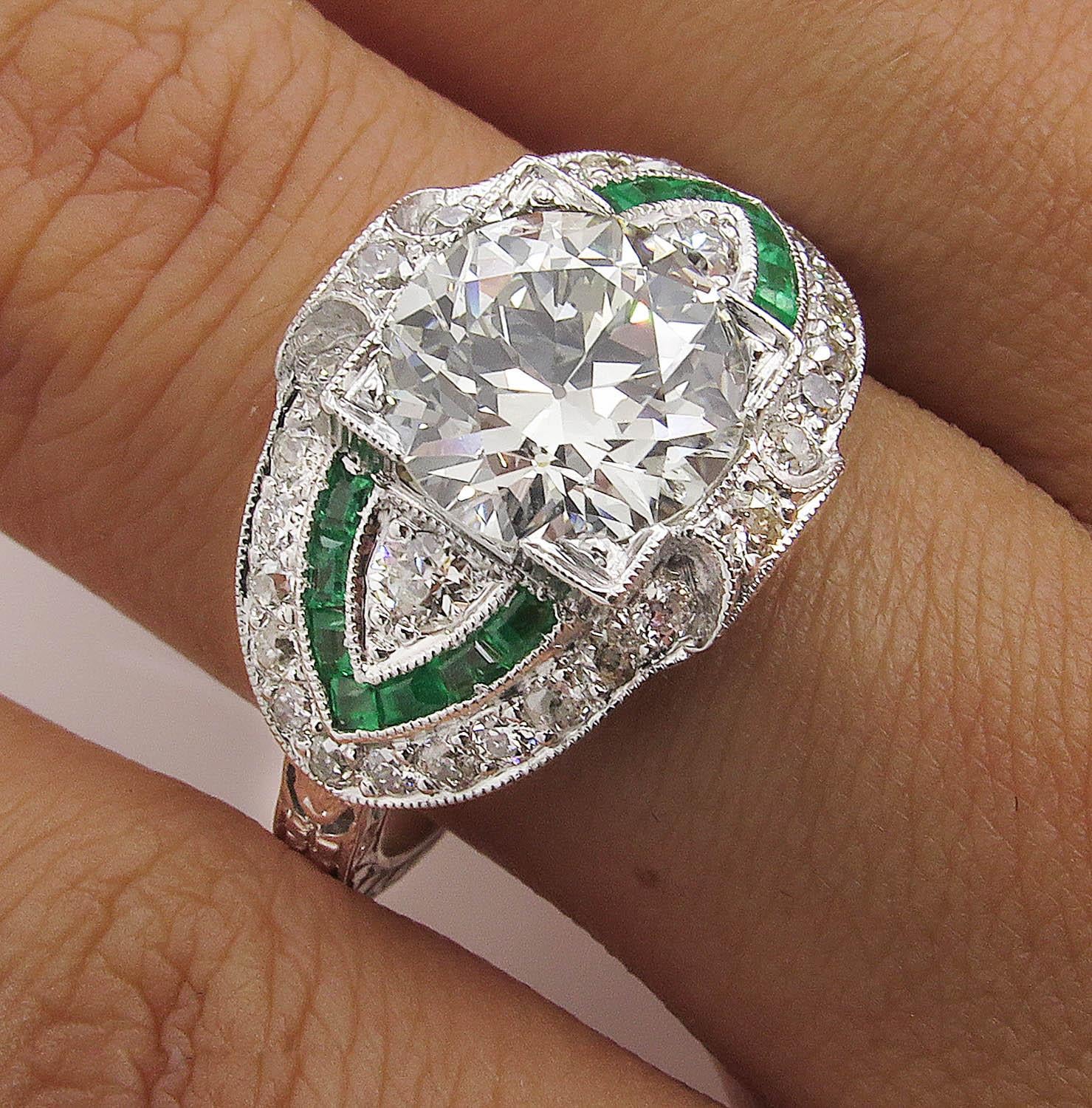 GIA 3.10 Carat Old European Diamond Green Emerald Wedding Platinum Ring 5