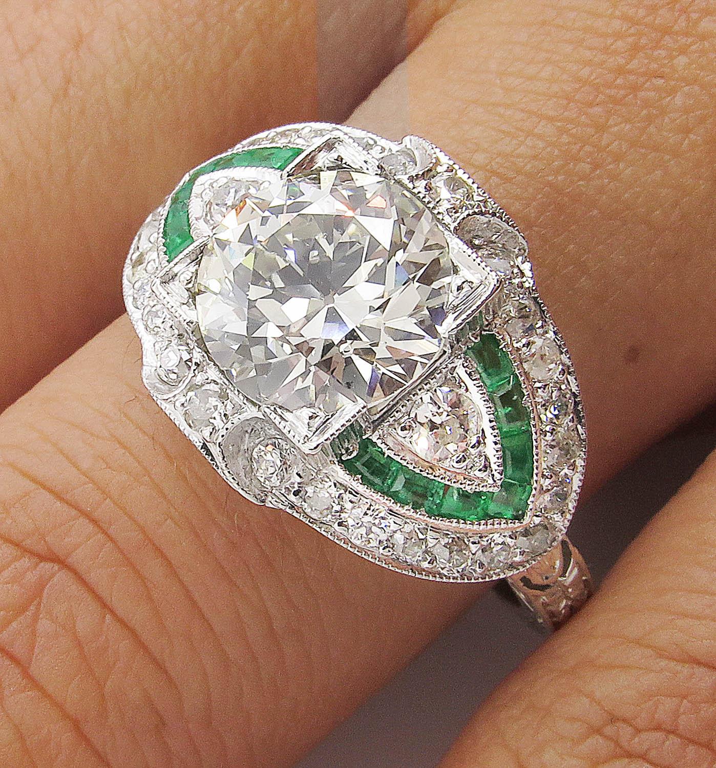 GIA 3.10 Carat Old European Diamond Green Emerald Wedding Platinum Ring 6