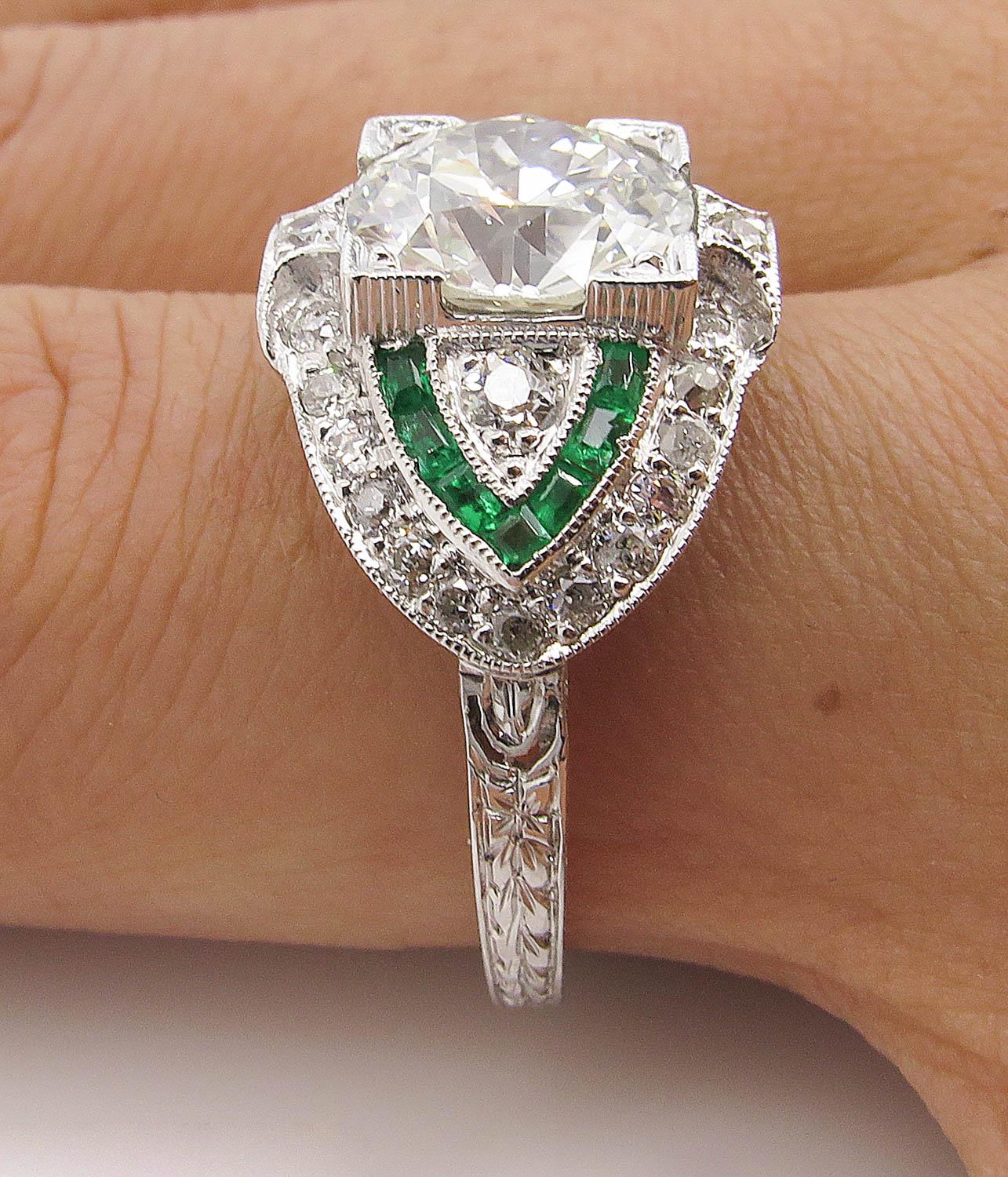 GIA 3.10 Carat Old European Diamond Green Emerald Wedding Platinum Ring 7