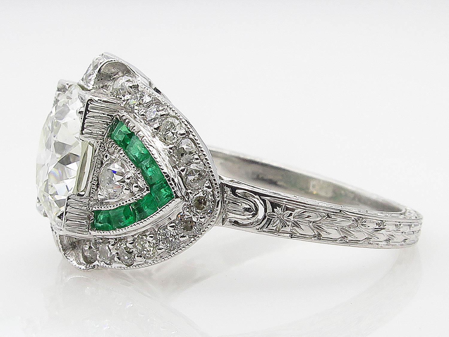 Women's GIA 3.10 Carat Old European Diamond Green Emerald Wedding Platinum Ring