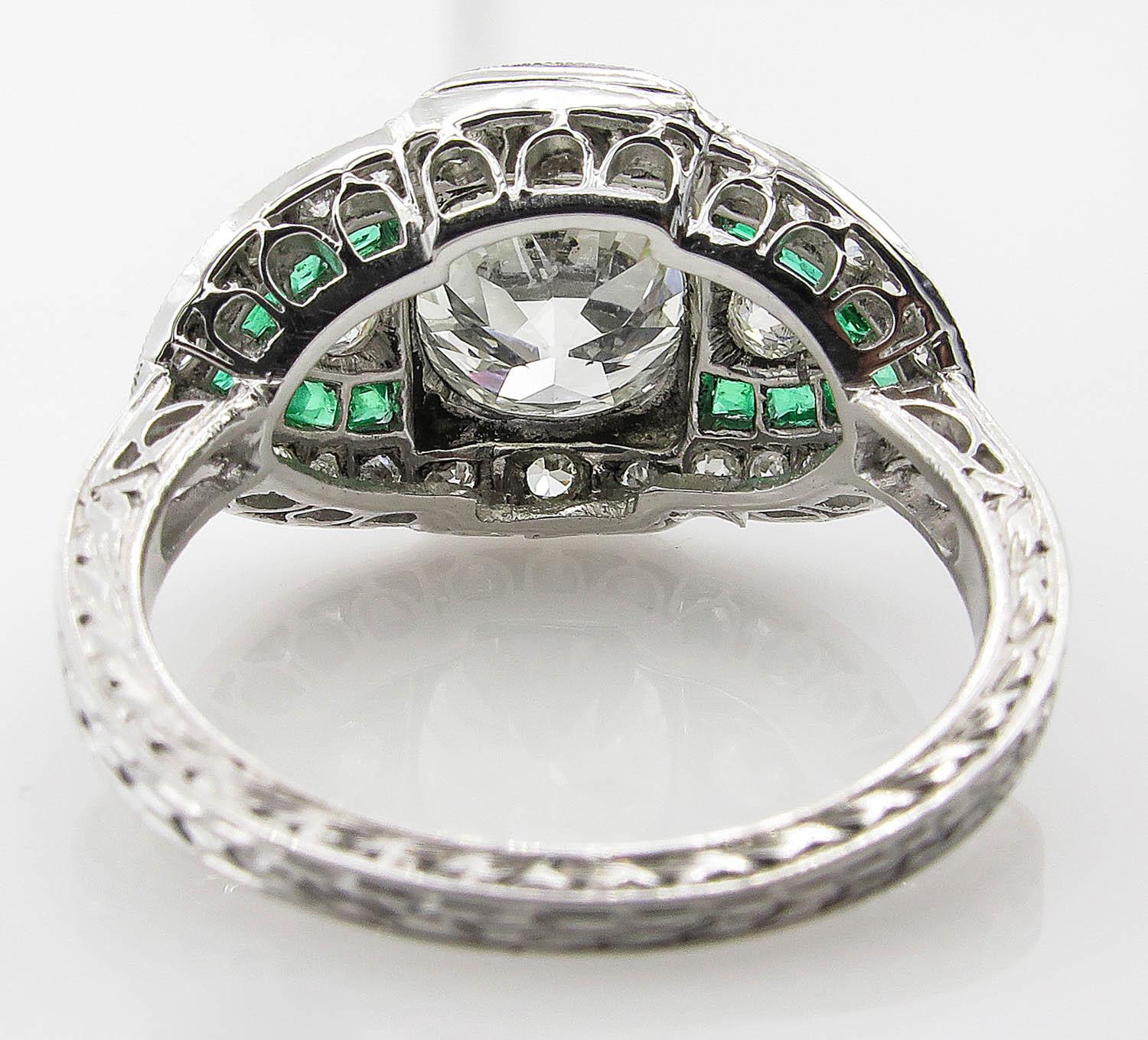 GIA 3.10 Carat Old European Diamond Green Emerald Wedding Platinum Ring 1