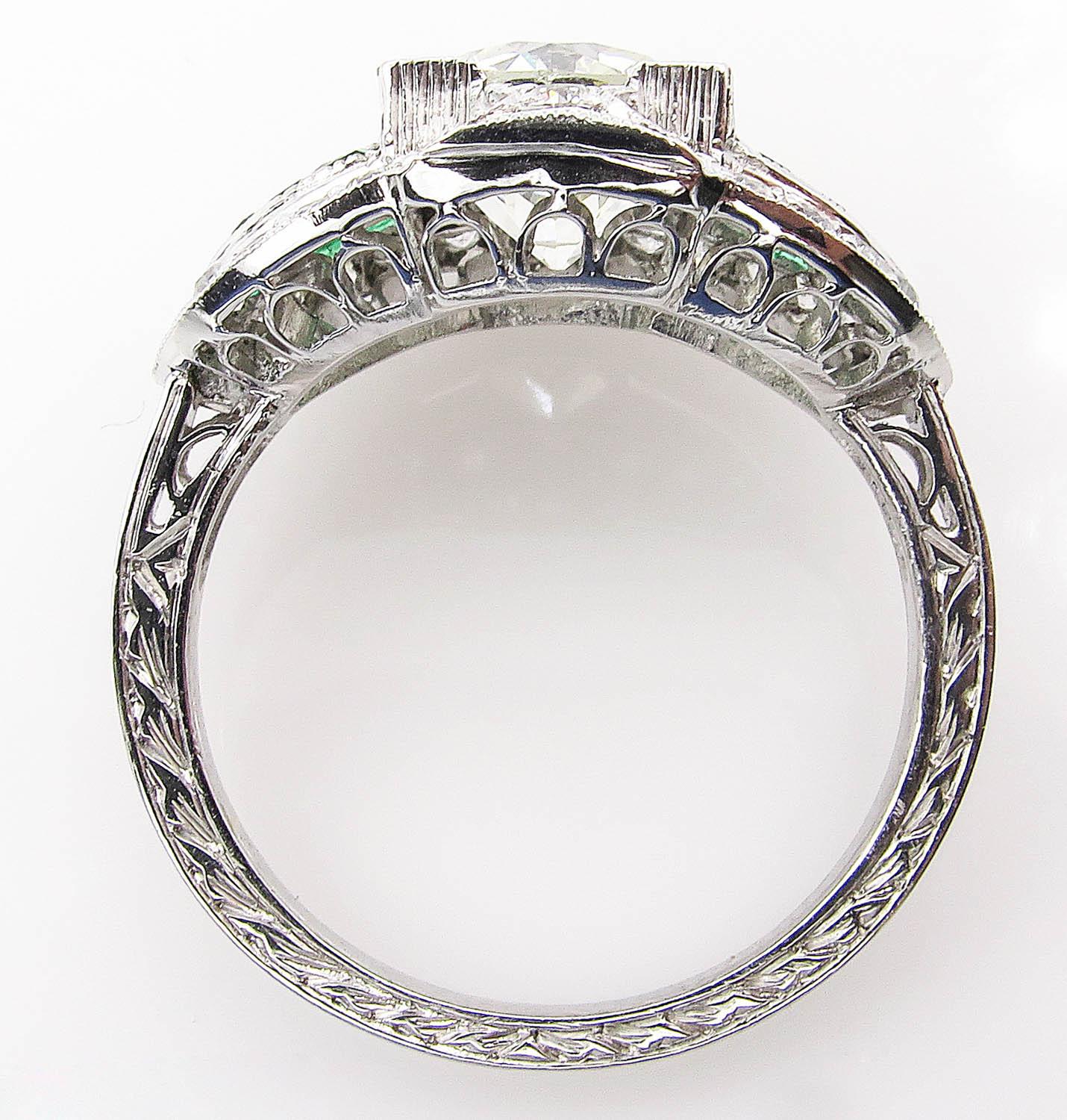 GIA 3.10 Carat Old European Diamond Green Emerald Wedding Platinum Ring 2