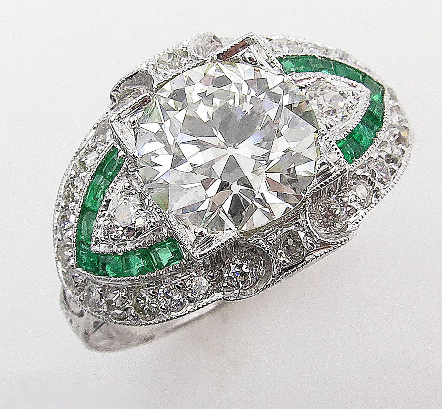 Old European Cut GIA 3.10 Carat Old European Diamond Green Emerald Wedding Platinum Ring