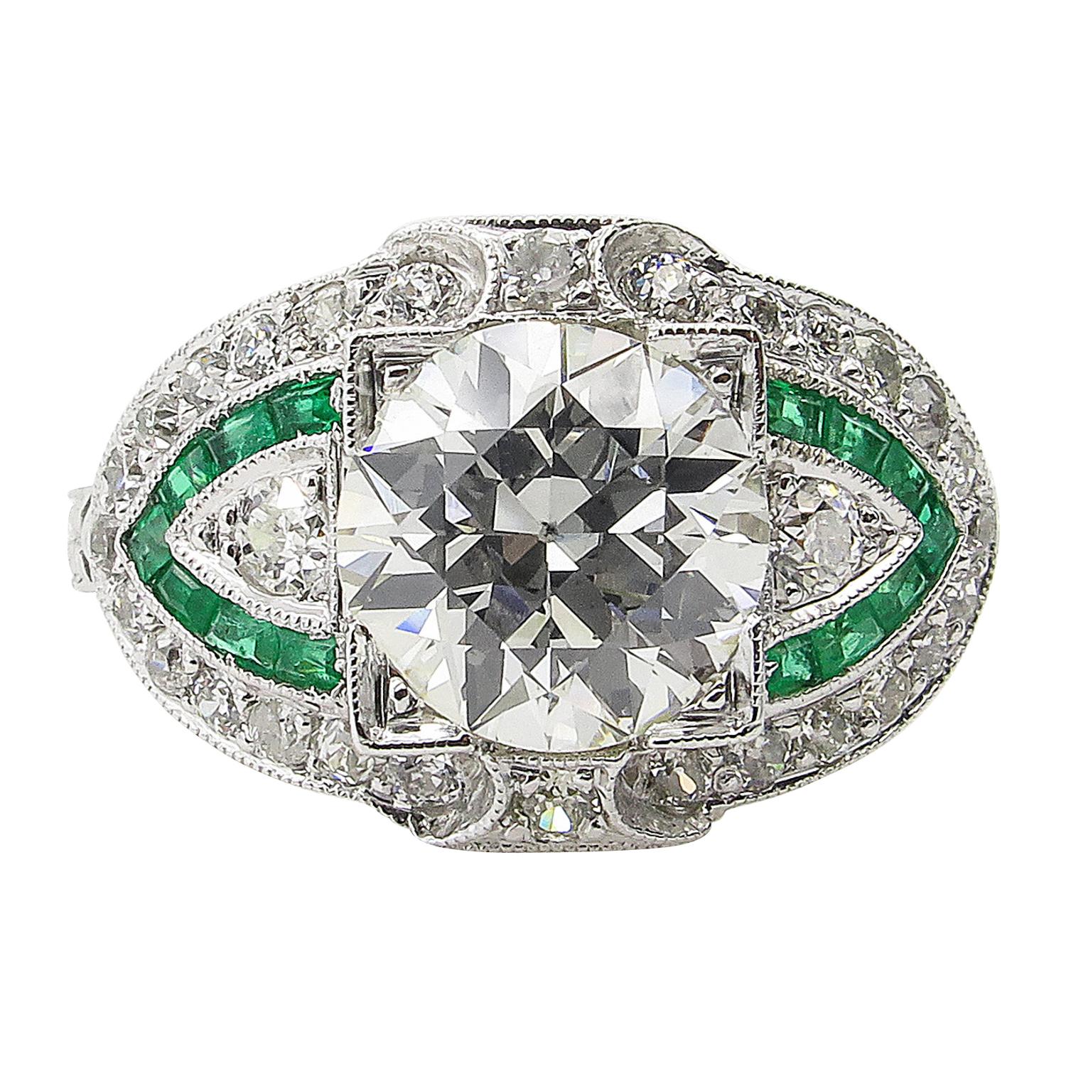 GIA 3.10 Carat Old European Diamond Green Emerald Wedding Platinum Ring
