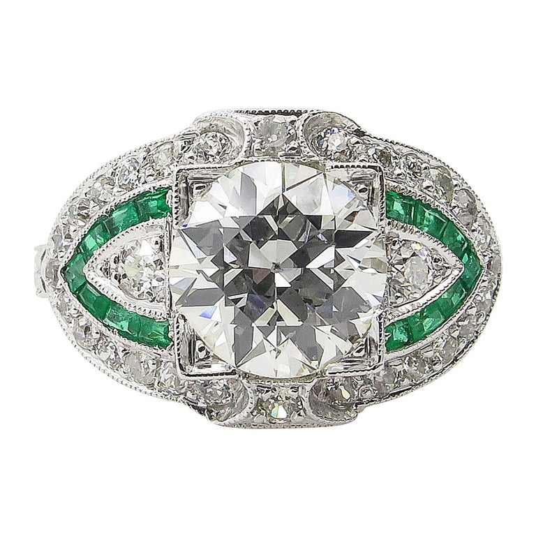 GIA 3.10 Carat Old European Diamond Green Emerald Wedding