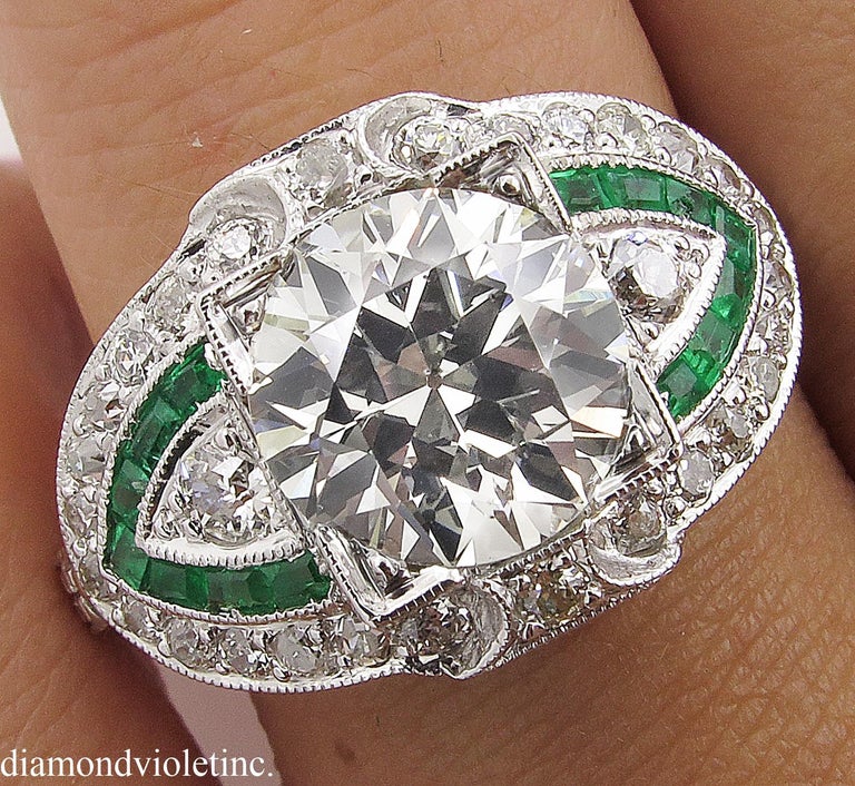 GIA 3.10 Carat Old European Diamond Green Emerald Wedding