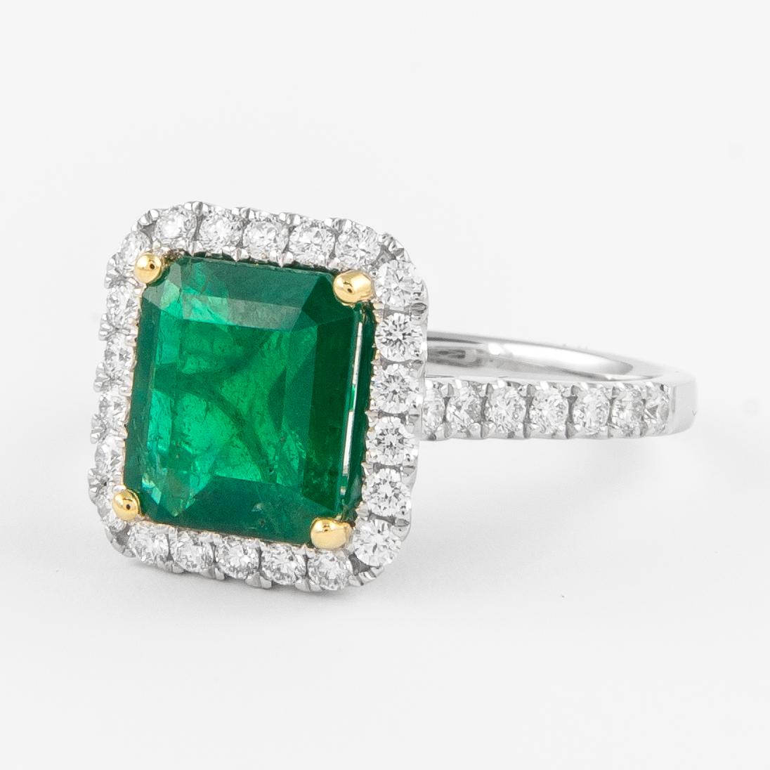 Emerald Cut GIA 3.10ctt Emerald and Diamond Halo Ring 18k Gold For Sale
