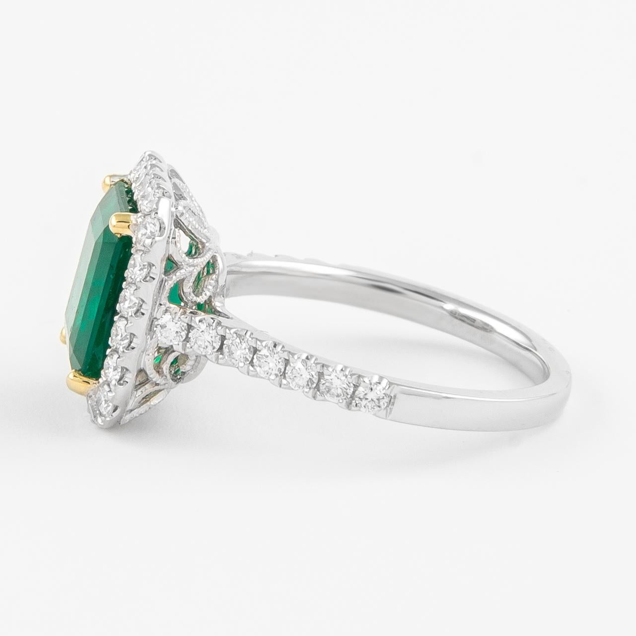 GIA 3.10ctt Emerald and Diamond Halo Ring 18k Gold In New Condition For Sale In BEVERLY HILLS, CA