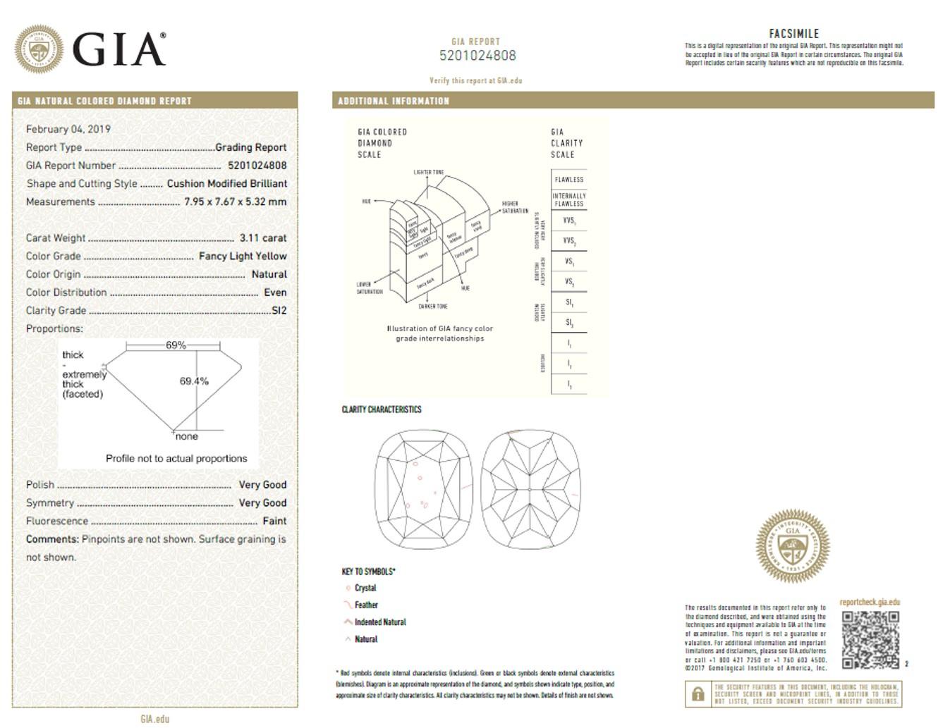 Incredible Deal on GIA Certified 3.11 Carat Cushion Cut, Natural Fancy Light Yellow Color SI2 Clarity Diamond 18 Karat White Gold Convertible Ring/Pendant.
7.95x7.67x5.32 millimeter. Total Carat Weight on the ring is 3.79. 
GIA CERTIFICATE NUMBER