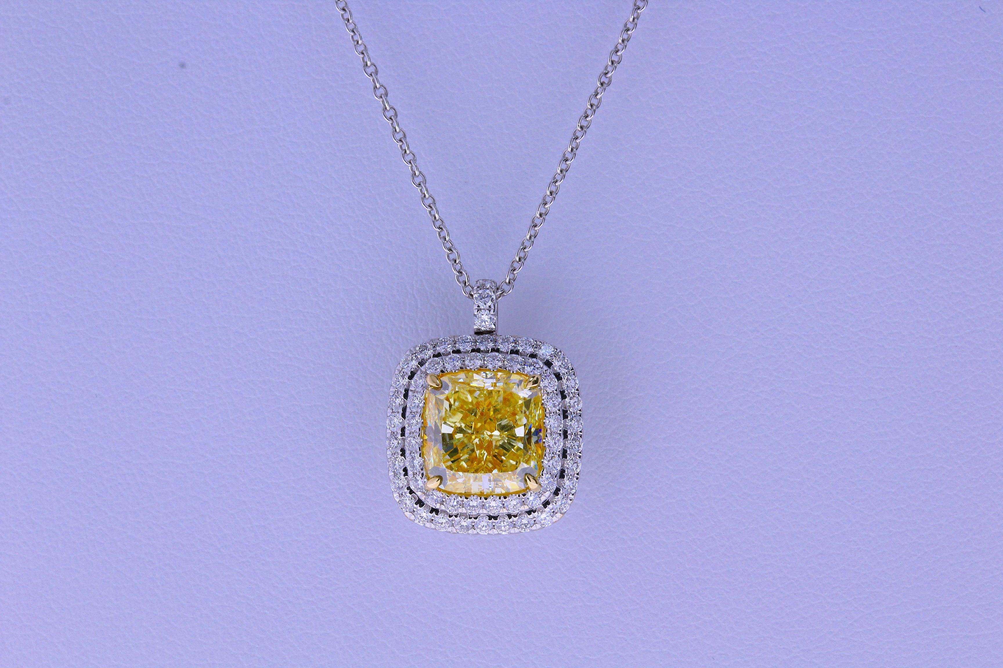 GIA 3.11 Carat Cushion Cut Fancy Light Yellow SI2 Ring Pendant Gold For Sale 3