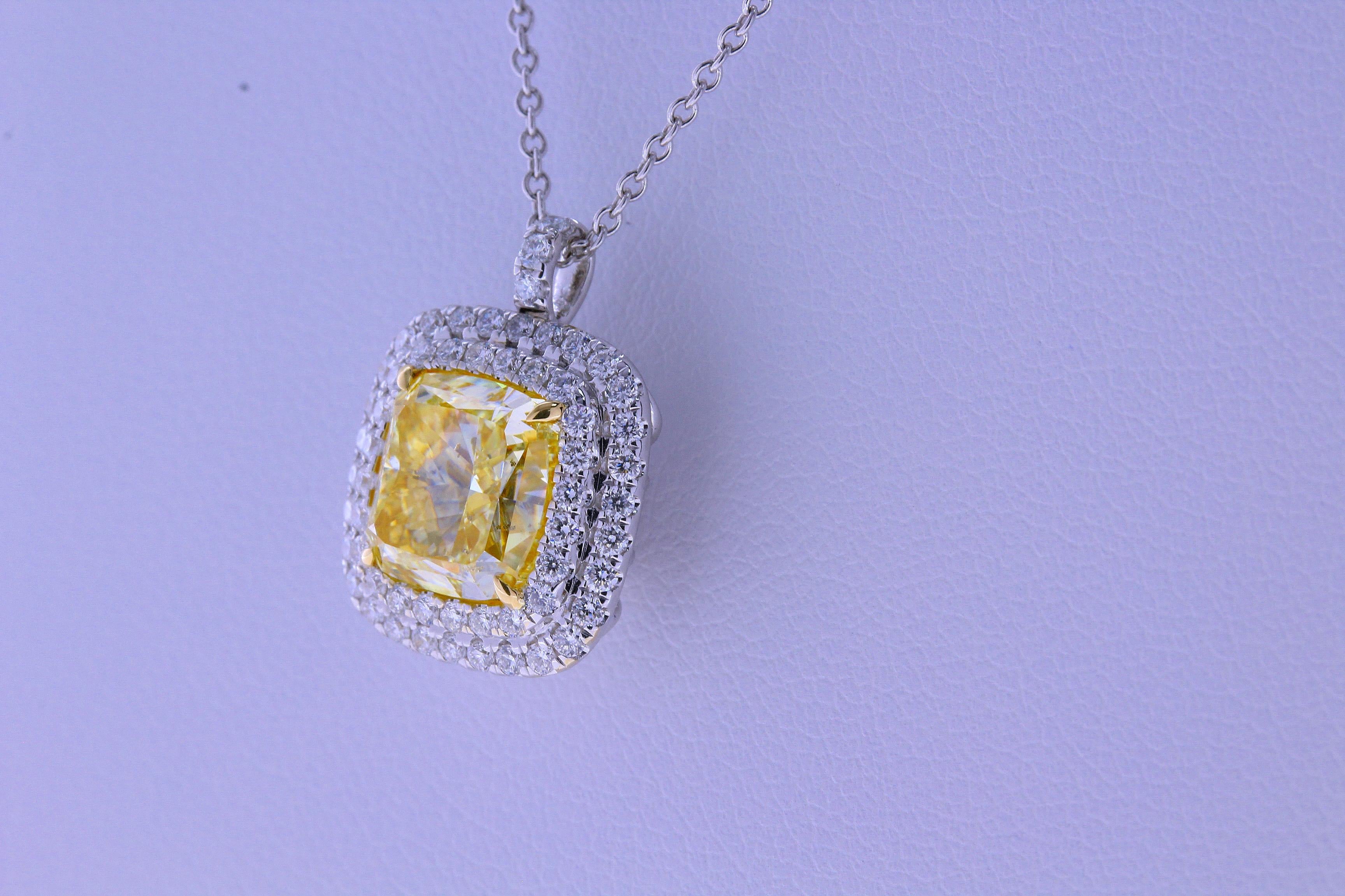 GIA 3.11 Carat Cushion Cut Fancy Light Yellow SI2 Ring Pendant Gold For Sale 4