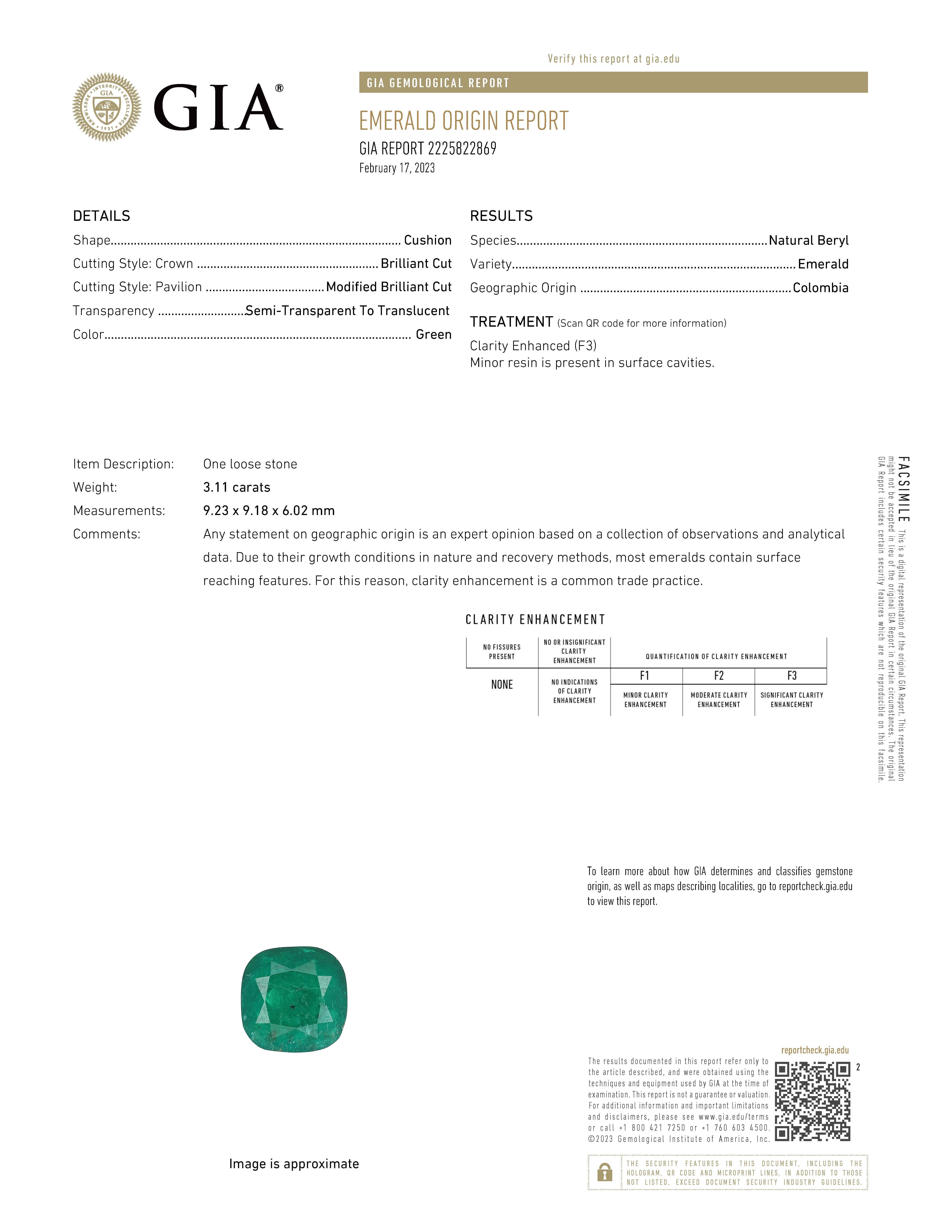 Classic emerald and diamond halo ring, GIA certified.
3.56 carats total gemstone weight.
3.11 carat cushion emerald, F3, GIA certified. Complimented by 42 round brilliant diamonds, 0.45 carats, F color and VS2 clarity. 18-karat white and yellow